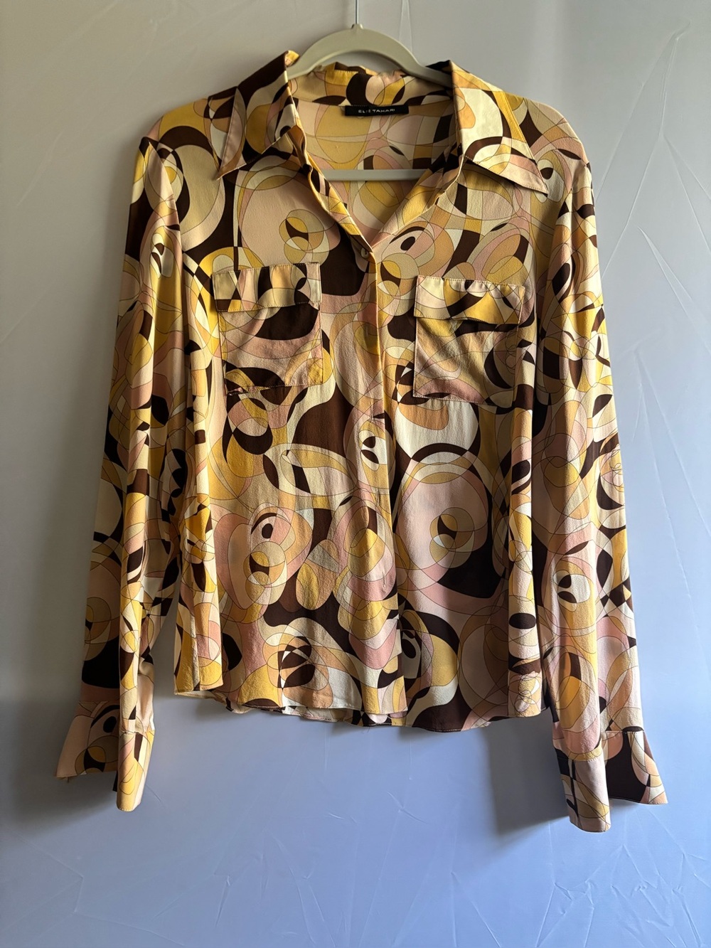 Elie Tahari Cream Pink Brown Geometric Print Button-Down Silk Shirt